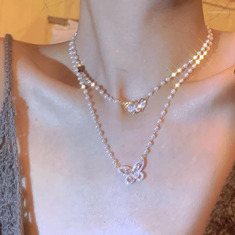 

Chains French Style Vintage Pearl Double-Layer Clavicle Chain Light Luxury Minority Butterfly Necklace For Women Dignified Sense