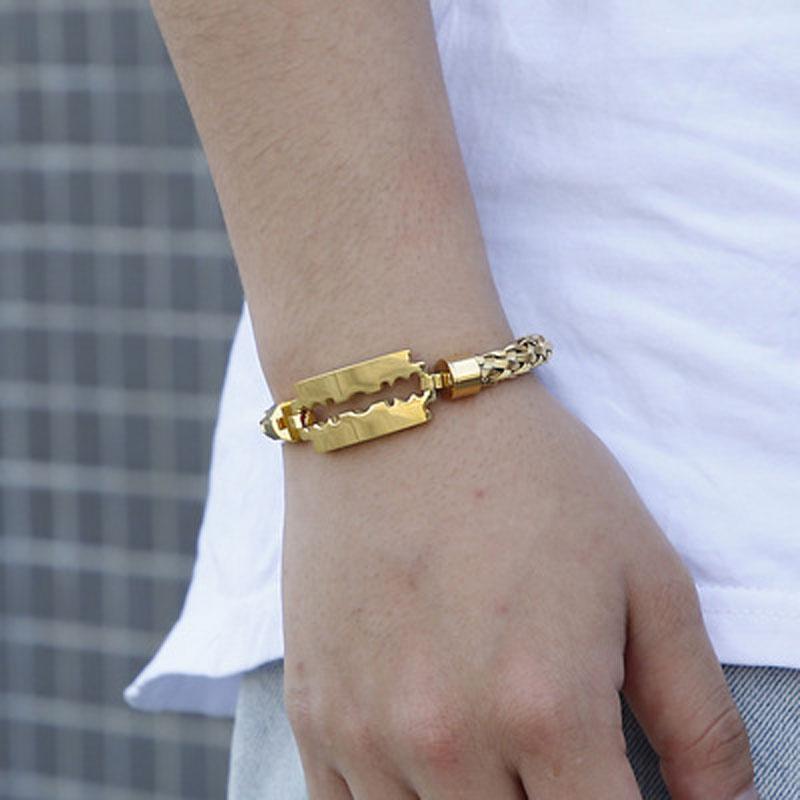 

Bangle Fashion Personality Vacuum Electroplating 18K Steel Wire Braided Blade Titanium Men's Punk Metal Geometric Bracelet Trendy