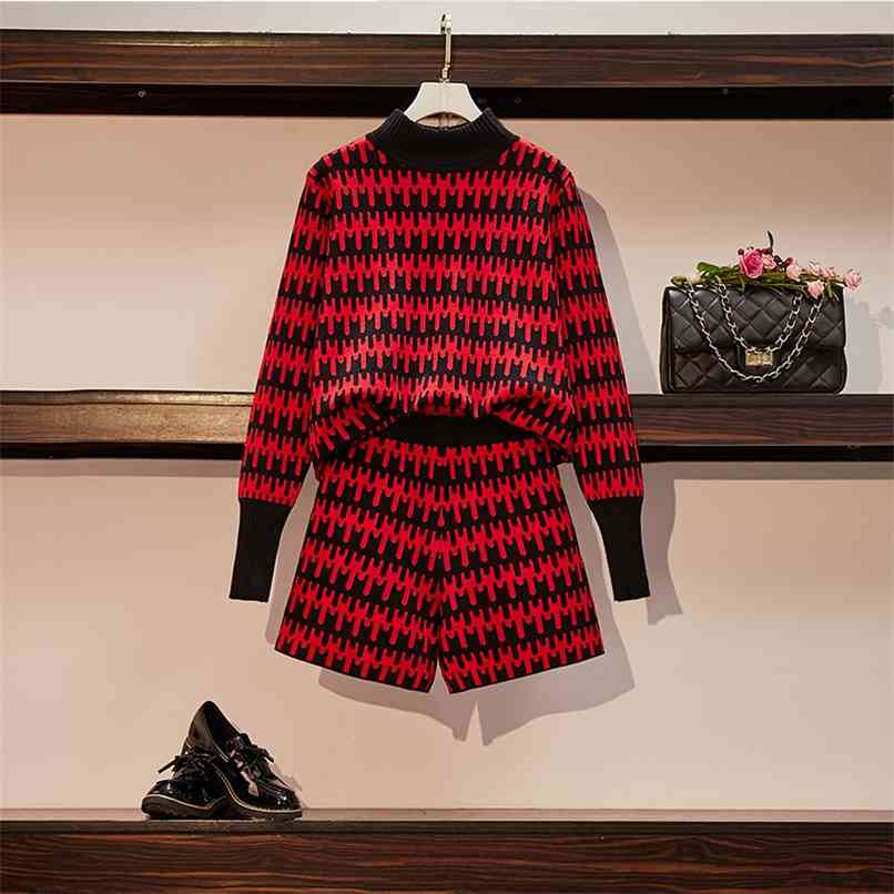 

Red Striped Pattern Jacquard Knitting Shorts Sweatersuits Fall Winter Half Turtleneck Pullover Sweater 2 piece Sets 210602, Black
