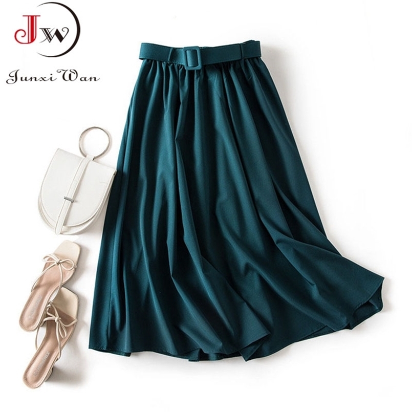 

Casual Elegant Women Skirt Spring And Summer Solid High Waist Belt A-Line Vintage Office Party Long Faldas Jupe Femme 210702, Khaki-skirt