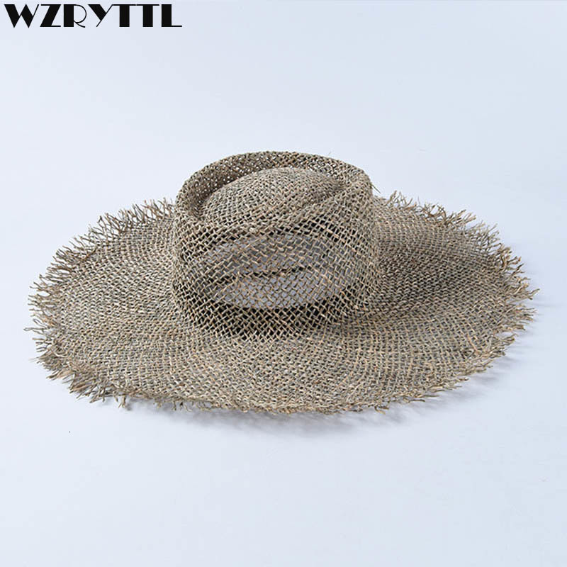 

2021 New Women Fray Woven Seagrass Boater Casual Sun Beach Cap Wide Brim Summer Hat Unisex Straw Hats for Kentucky Derby Travel Zzas, As show