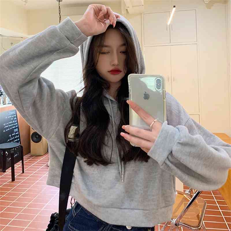 

2021 autumn new long sleeve loose short hooded sweater women's fashion, Black