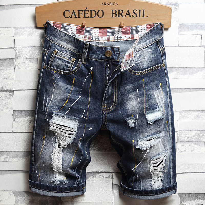 

Unique Men Ripped Denim Shorts Vintage Fashion Designer Men's Washed Knee Length Jeans Summer Hip Hop Short pants Mens Trousers 787, 786