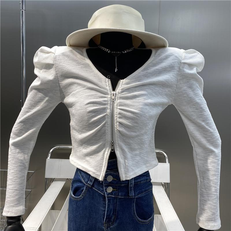 

Women's Sweaters Brand Niche Design 2021 Sweet Style Foreign Aging Top Double Zipper Navel Exposed Bubble Sleeve Short Shirt, White;black