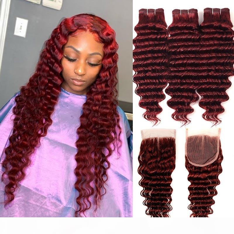

Deep Wave Human Hair Bundles With Closure Bold Red 99J Bundles With Lace Closure Peruvian fashion Star Remy Human Hair, #99j