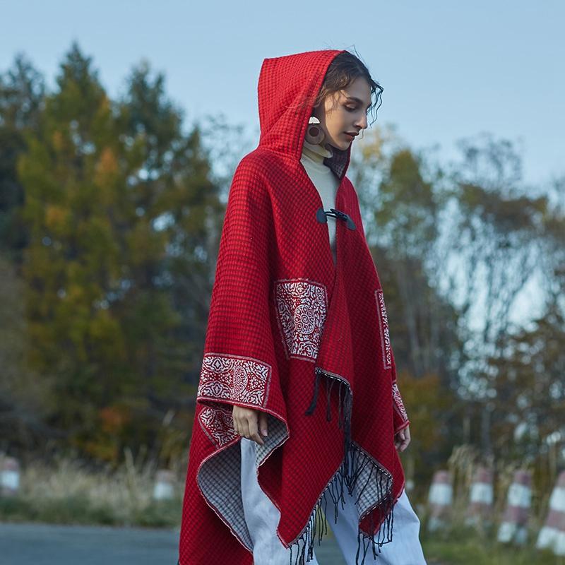 

Scarves Chinese Red For Women Wool Like Triangle Poncho Bohemia Exotic Winter Cashmire Button Hooded Cloak Capes