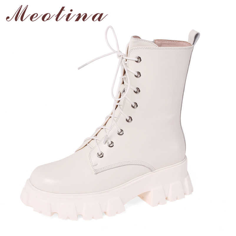 

Meotina Genuine Leather Platform High Heel Mid Calf Boots Women Shoes Zipper Lace Up Thick Heels Motorcycle Boots Autumn Winter 210608, Black synthetic lin