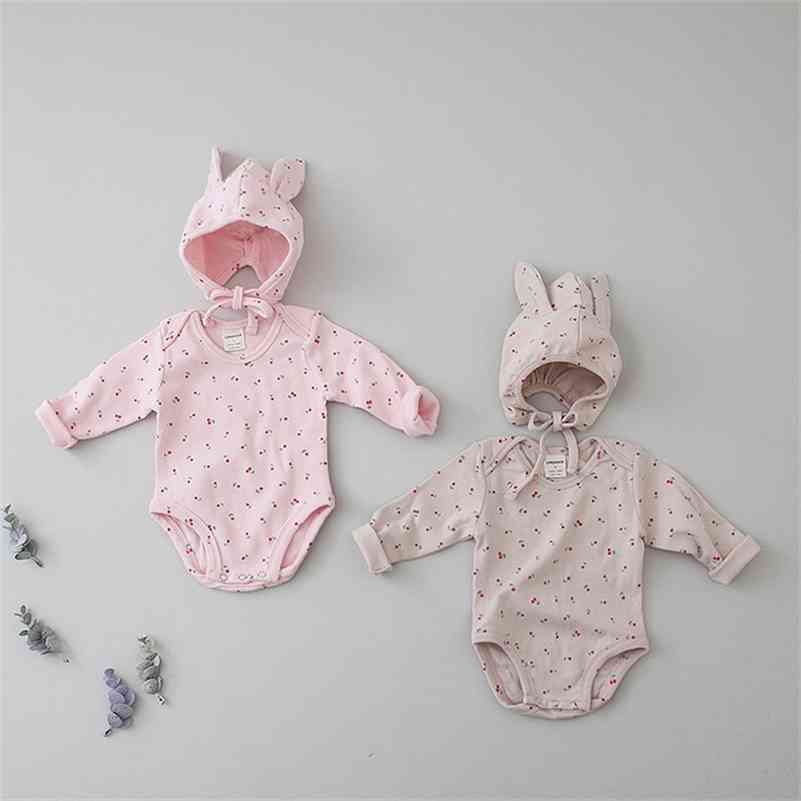 

Long sleeve cherry printing pure cotton bodysuit with cute cap Baby girls autumn casual outfits 210708