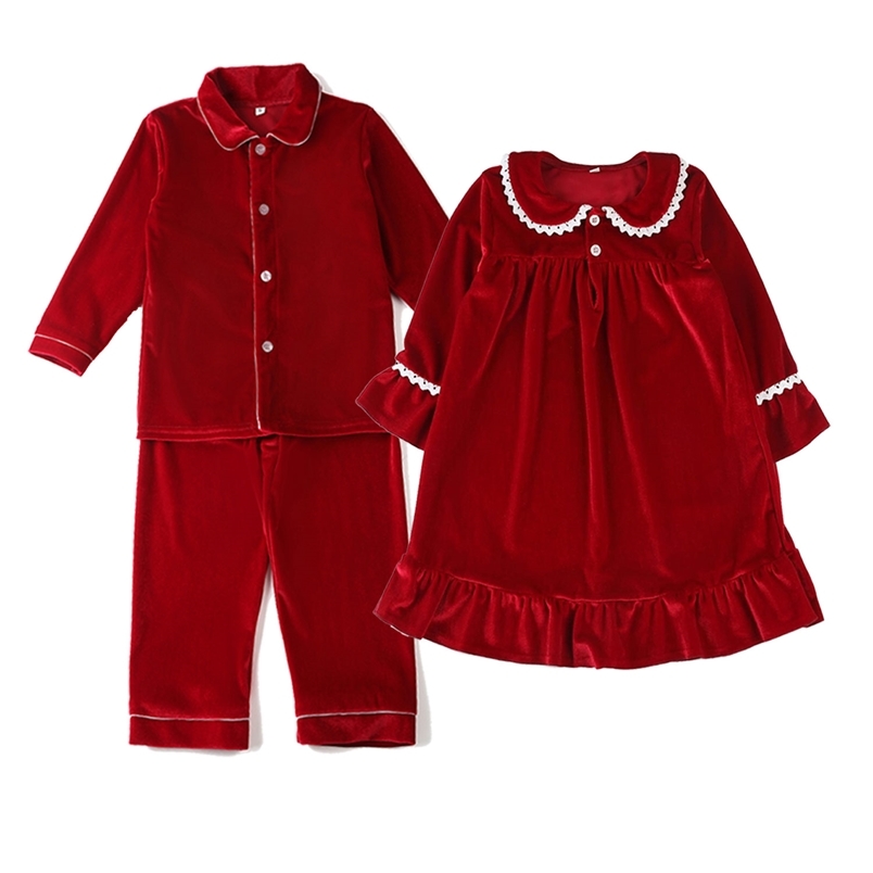 

Exclusive Sibling Match Winter Red Velour Baby Sleepwear Christmas Boys Pyjamas Set Girl Nightdress Gown 211109