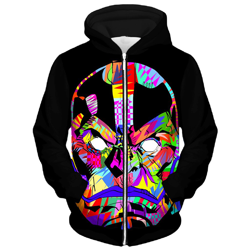 

Color head pattern men s Zip-up Hoodie visual impact party top punk goth round neck high quality sweater hoodie, Black