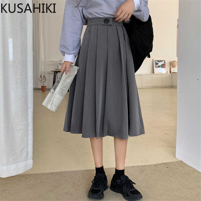 

KUSAHIKI Korean Solid Pleated A-line Mid-calf Skirts Causal Elegant Spring Women Skirt Fashion Faldas Mujer Moda 6F329 210602, Black