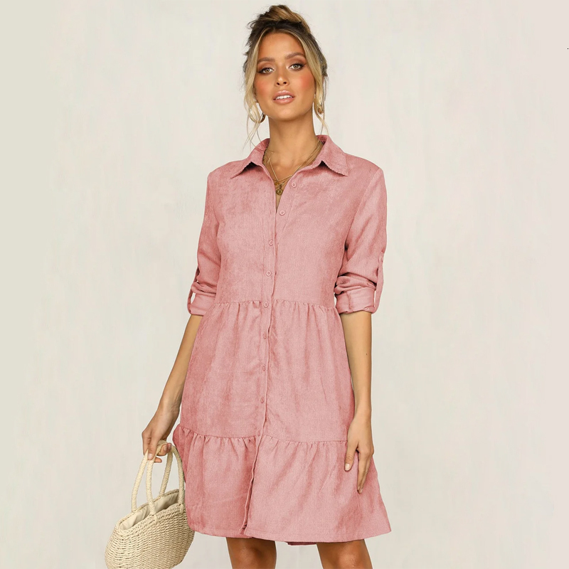 

2021 Women Casual Front Button Sheath Ruffeled Mini A-line Turn-down Collar 3/4 Sleeve Solid Short Shirt Autumn New Jikt, Pink
