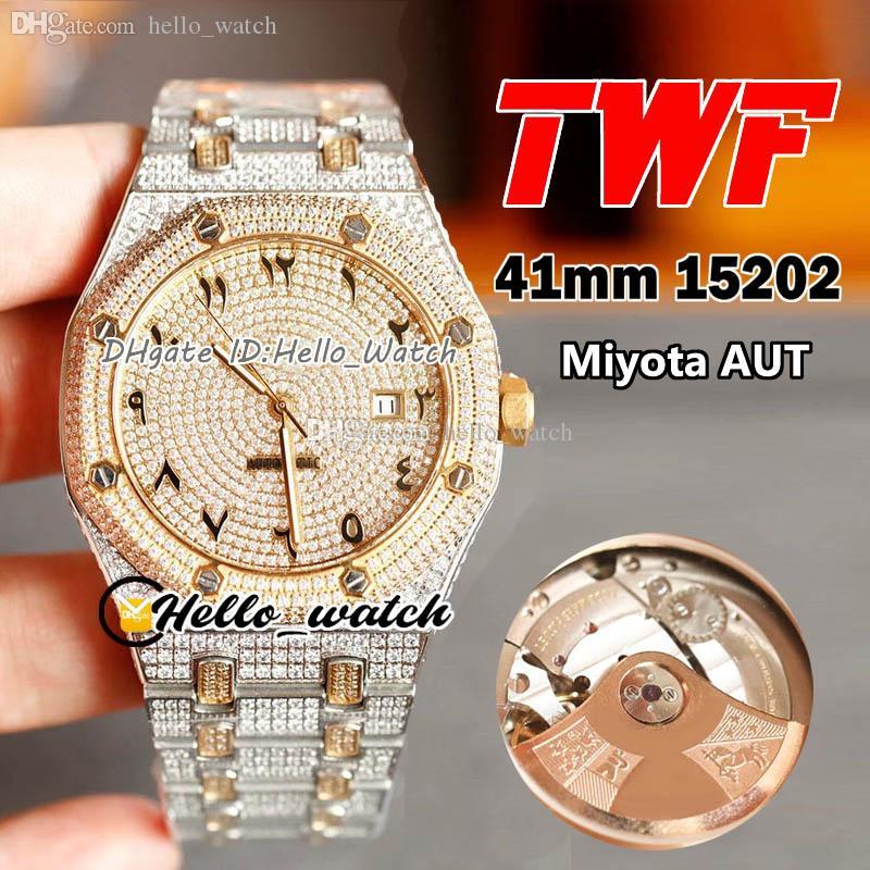 

TWF Bling Watches 15202BC.ZZ.1241BC.01 Miyota Automatic Mens Watch Arabic Marker Gypsophila Dial Luxury Two Tone 18K Yellow Gold Paved CZ Fully Iced Out Diamonds, E169a (2)