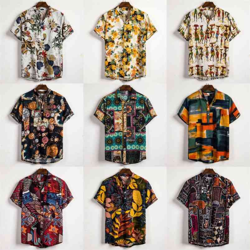 

Linen Short Sleeve Shirt Men Summer Floral Loose Baggy Casual Hawaii Holiday Beach Tee Tops Buttons Blouse National Style 210721, Style 7