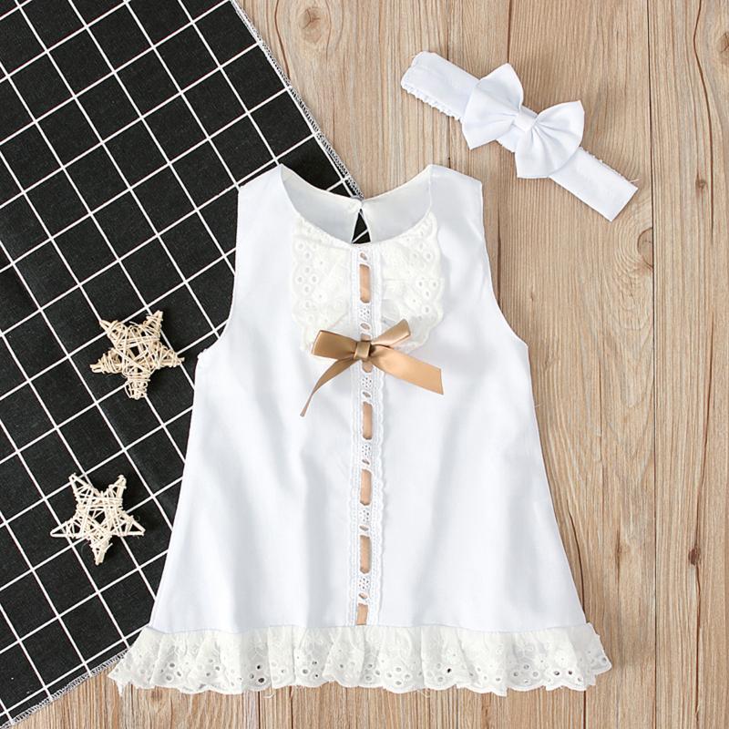 

Girl's Dresses 2021 Baby Summer Clothing 0-24M Infant Born Girl Lace Dress Sleeveless Bowknot Rib Solid White Shift Gown Headband