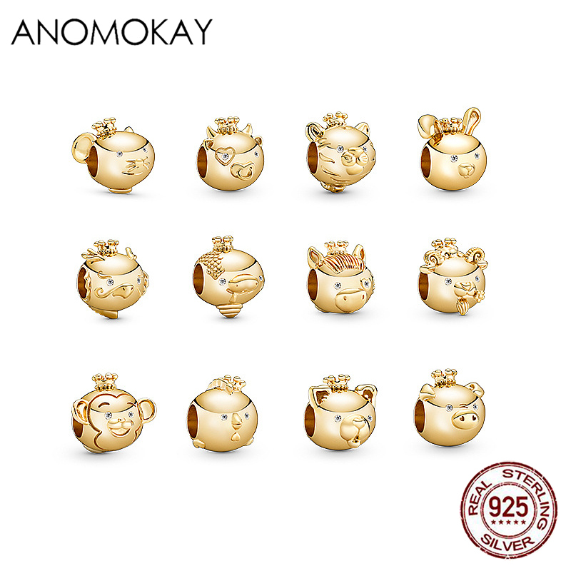 

2020 New Shinny Gold Color Chinese Zodiac Signs Charms Beads 100% Sterling 925 Silver Cute Zodiac Animal Beads for Birthday Gift Q0531