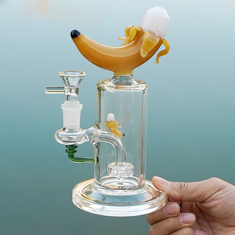 

Banana Shape Glass Bongs Unique 14mm Female Joint Bong Showerhead Perc Percolator 3 Colors Oil Dab Rigs Water Pipes Hookahs