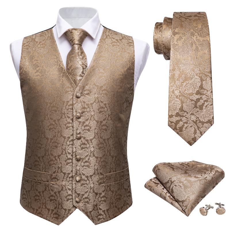 

Men's Vests Designer Mens Classic Camel Floral Jacquard Folral Silk Waistcoat Handkerchief Tie Suit Vest Pocket Square Set Barry.Wang, Mj-2006