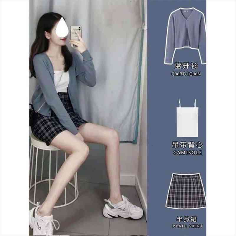 

salt can be sweet hepburn wind dress french goddess fan strap suit skirt knitted cardigan two-piece female summer, White