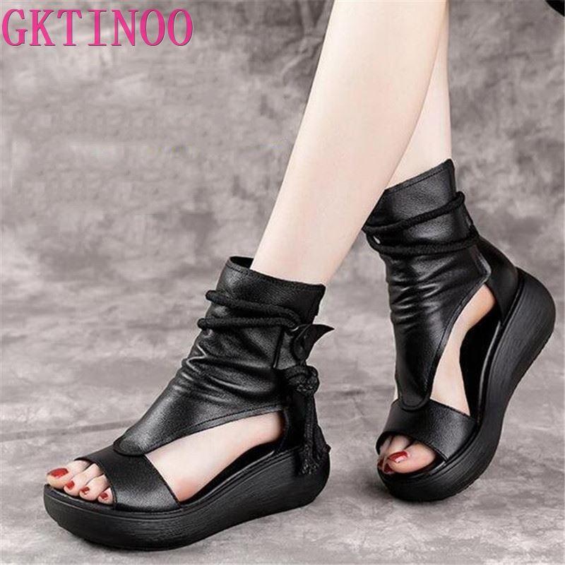 

GKTINOO 2021 Fish Mouth Genuine Leather Sandals Summer Roman Shoes Women Sandals Platform Heighten Shoe Wedges, 98512 black
