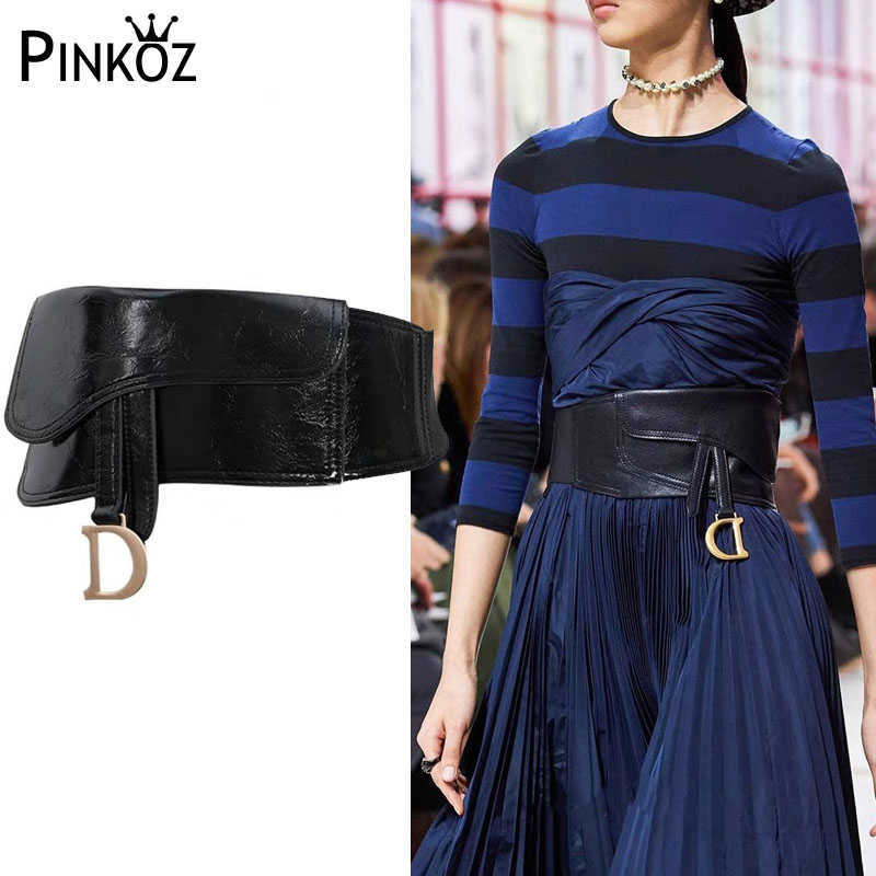 

Pinkoz Runway Designer Fashion Pu Leather Black Belt Letter d Elastic Stretch Waistband Pocket Wide Dress Belts Girdl Women Chic Q0624