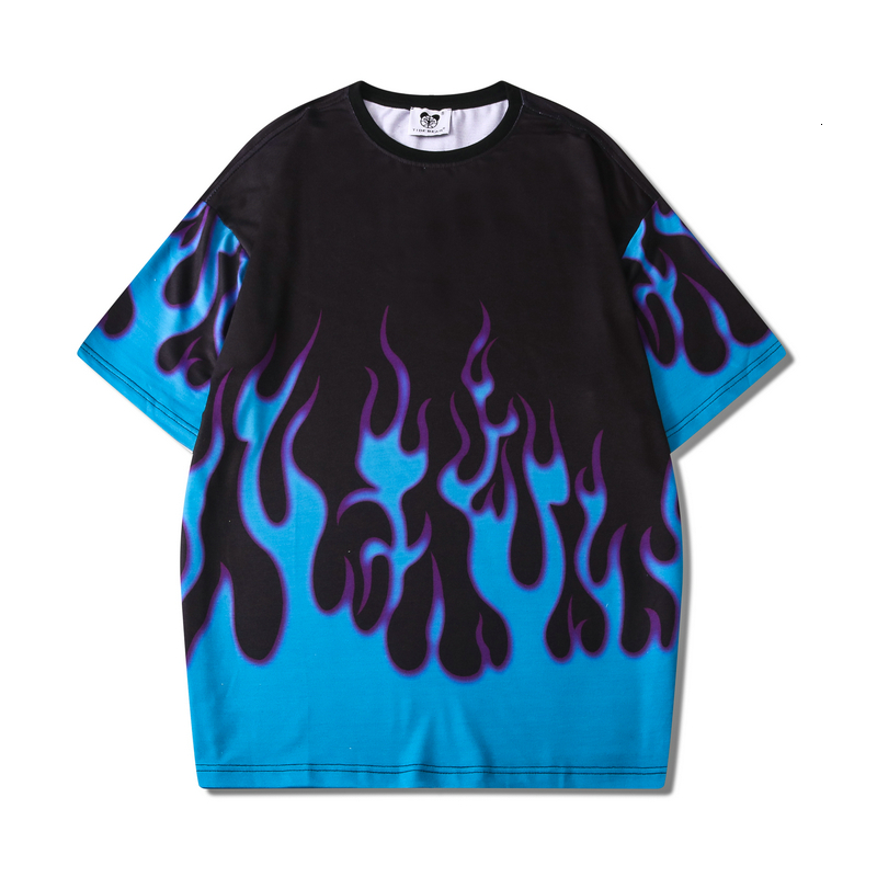 

2021 New Japanese Blue Flame Print Short Sleeve Oversize Men and Women Harajuku Loose Casual Summer T-shirt Hip Hop Cotton Tees K5f6