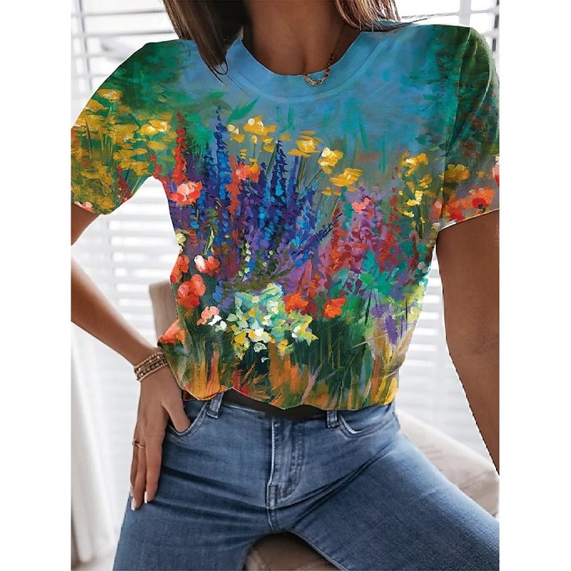 

Grass print women is fashion word 3D printing short slim-fit T-shirt summer casual round neck short top short-sleeved T-shirt, White
