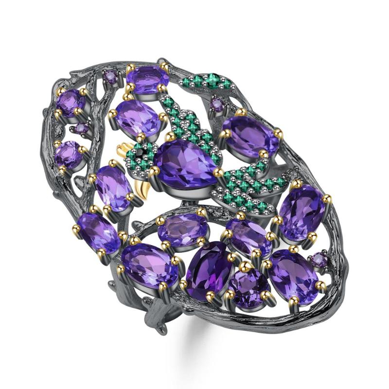 

Cluster Rings GEM'S BALLET 925 Sterling Silver Handmade Forest Bird Ring 4.97Ct Natural Amethyst Finger For Women Party Fine Jewelry
