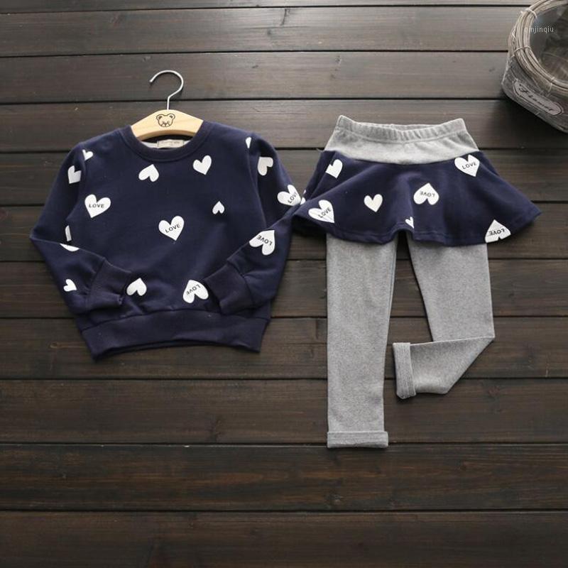 

Clothing Sets MERI AMMI 2 Pcs Set Children Girl Outfit Long Sleeve Cotton Love Tee +Pants With Skirts For 2-9 Year, White