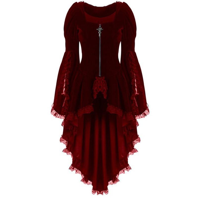Robes décontractées Asymétrique Hiver Femmes Robe Gothique Solide Court Avant Long Dos Robe Rouge Vert Noir Vintage Dentelle Haut Bas
