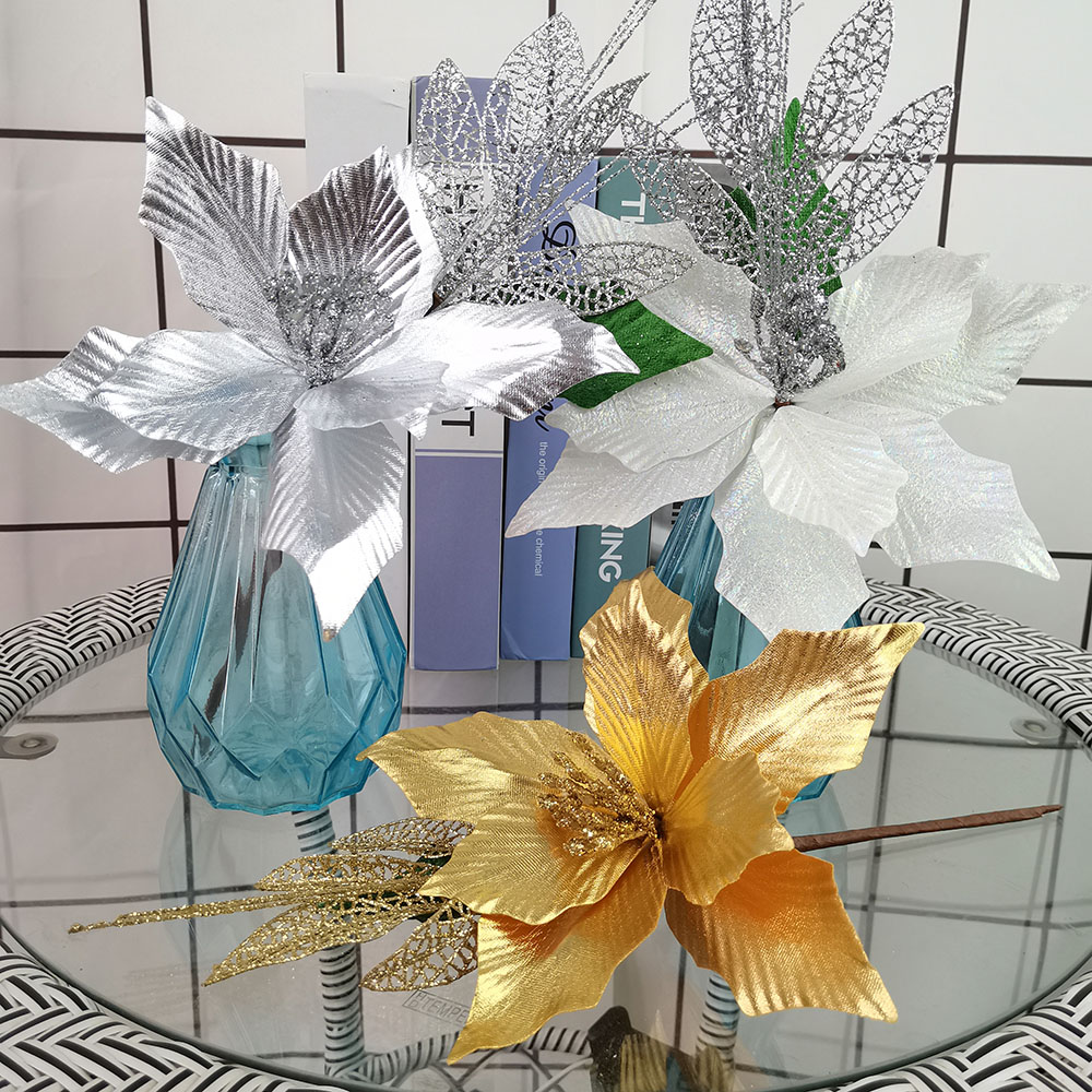 

35cm Christmas Decoration Gold Artificial Flower Christmas Tree Ornament Home Mall Decor Accessories Fake Flowers
