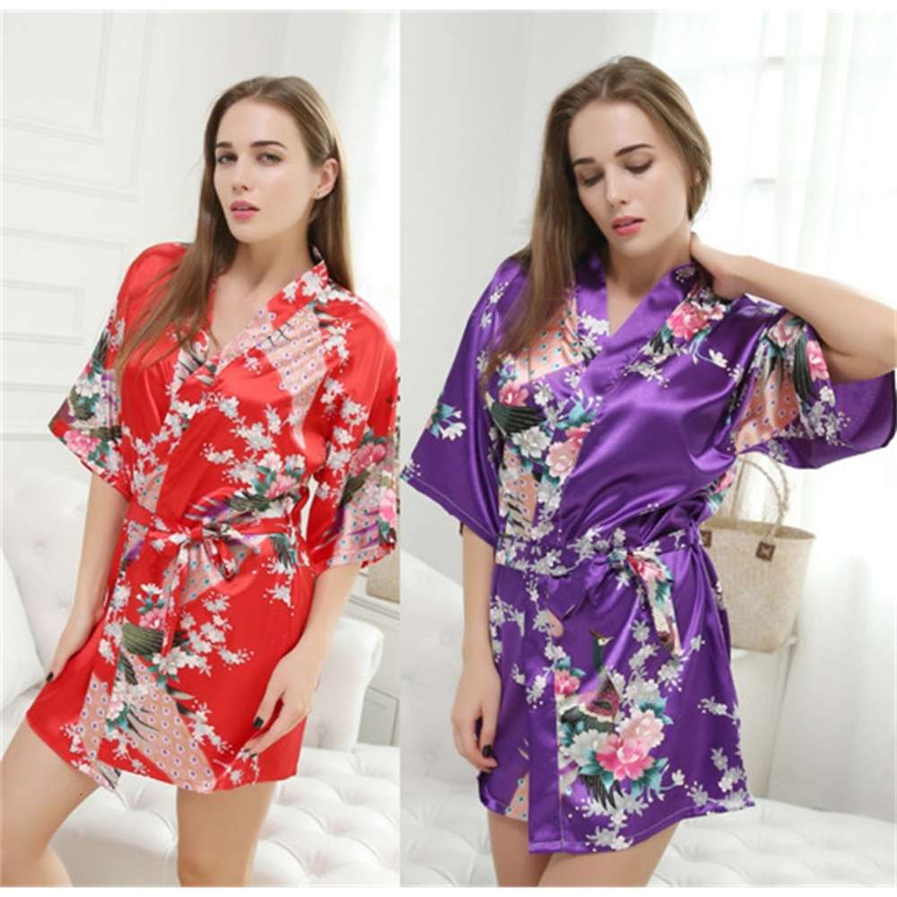 

Peacock robe middle sleeve silk like Pajama bath women's summer single housewear