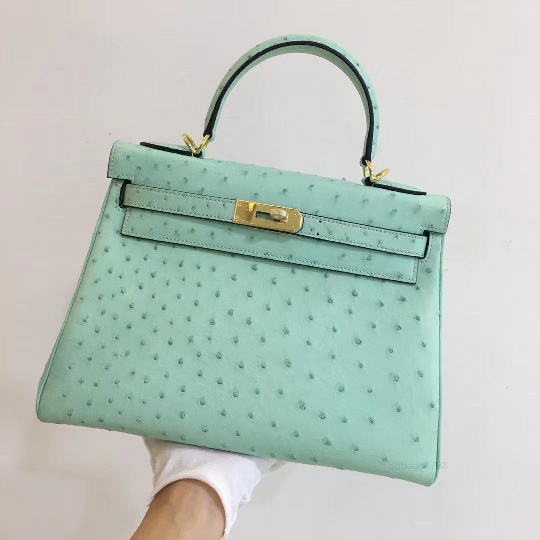 

Designer kellies bags 22ss 28 ostrich honey portable cross bag Mint Green Gold Buckle, Mint green gold button