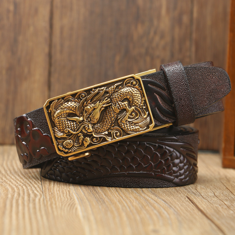 

2021 New Men Genuine Leather Buckle Article Belt Embossed Chinese Dragon Style Vintage High Quality Luxury Strap 9jzb, Black