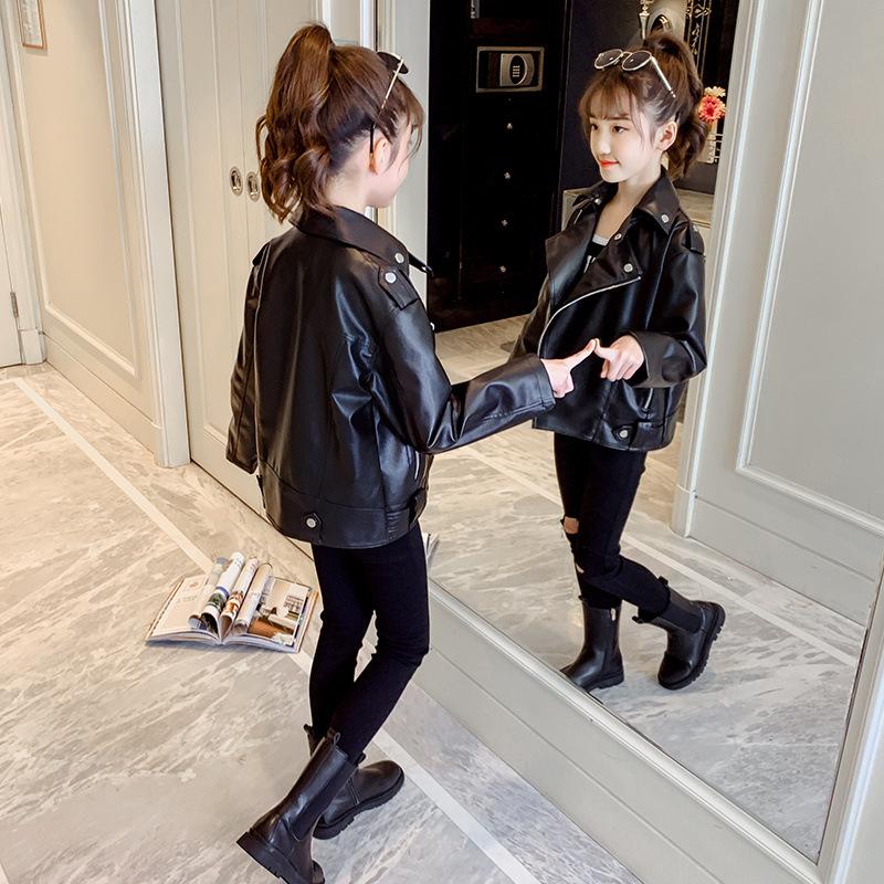 

Jackets 2022 Spring Handsome Casual PU Leather Jacket Girl Fashion Vintage Zipper Chic Children Fashionable Faux Coat, Blue;gray