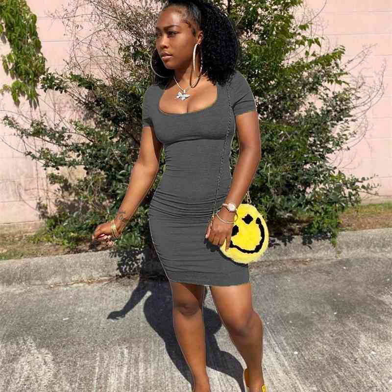 Two Piece Dress European and American summer sexy casual tight gray wine red U collar short sleeve mini GDDE-image-704428650