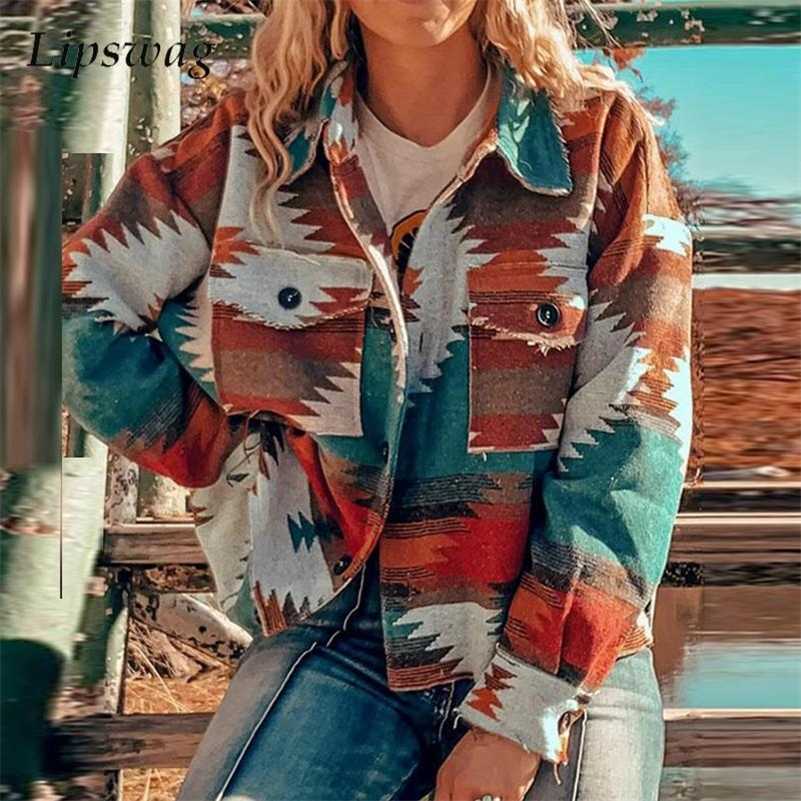 

Women Winter Button Long Sleeve Jacket Turn-down Collar Casual Woolen Coat Autumn Vintage Harajuku Print Pocket Loose Tops Coats 211018, 01