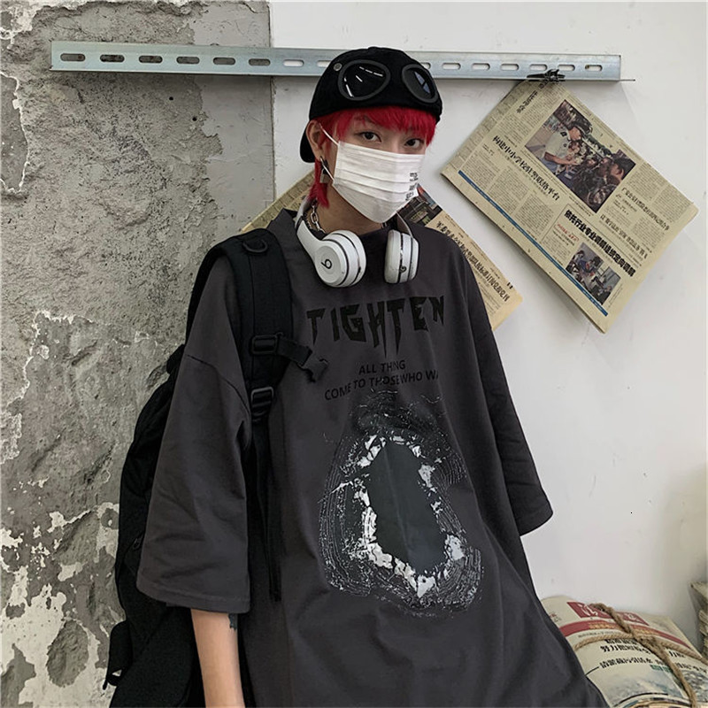 

New 2021 Gray Punk t Shirt Men Loose Harajuku Streetwear Casual Half Sleeve Funny Tops Summer Cool High Street Tshirts Males Iql0