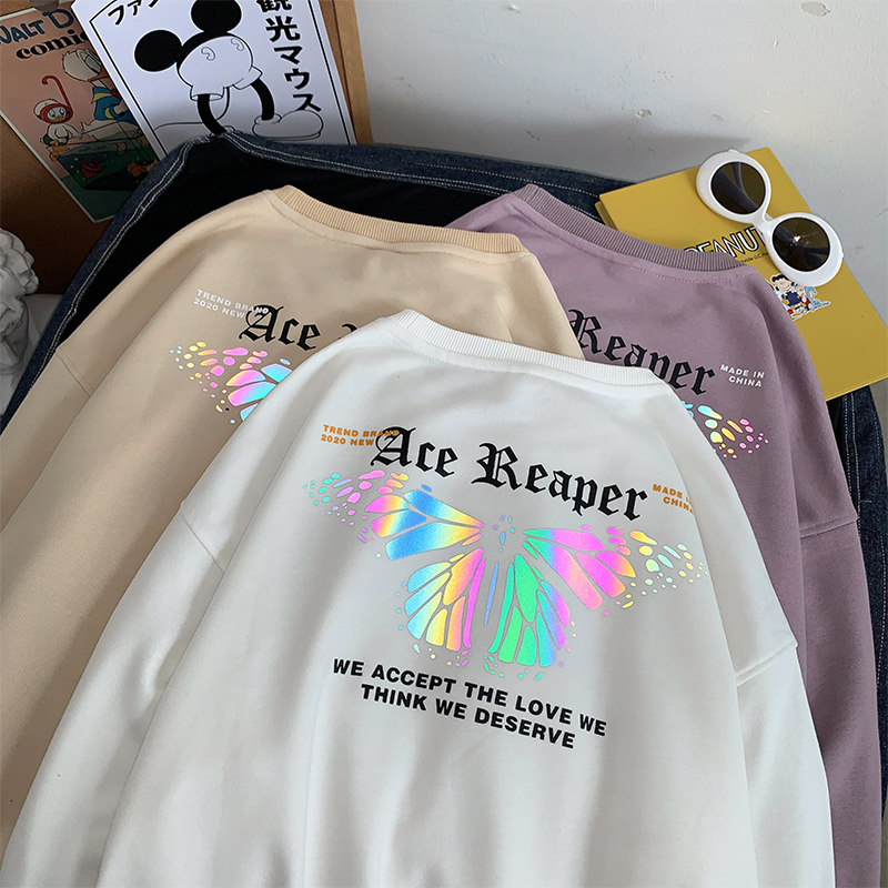 

2021 New Reflective Hooded Butterfly Hoodie Streetwear Long Sleeve Pullovers of Large Dimensions 4-color Casual Man Yns6, White