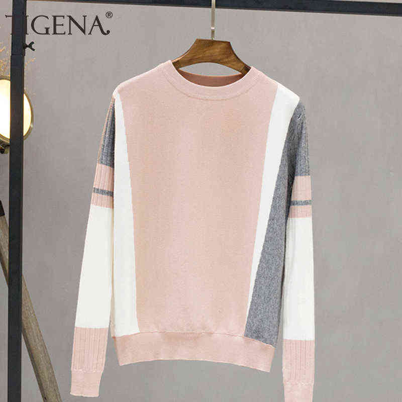

TIGENA Contrast Color Pullover Sweater Women Fall Winter Long Sleeve Knit Jumper Sweater Female Black Pink Knitwear Clothes 211109, Apricot