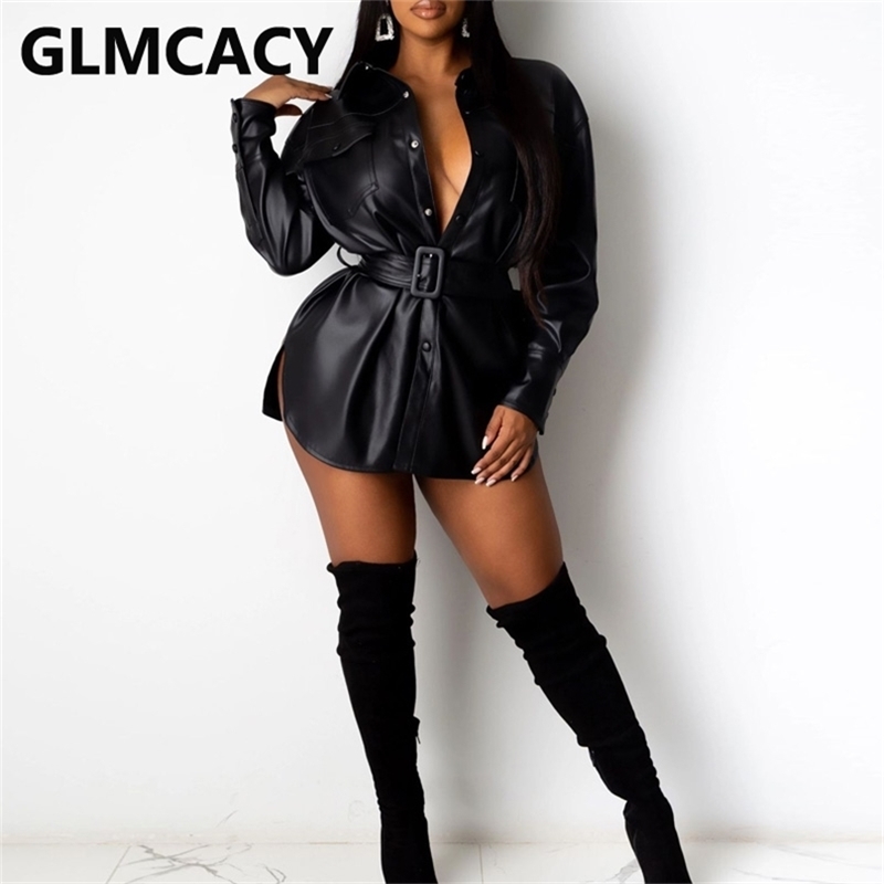 

Women Long Sleeve Buckle Belted Shirts Sexy PU Leather Blouse Shirt Tops 210719, Black