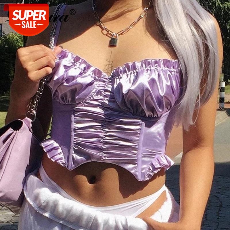 

Dulzura satin ruched ruffled women crop top strap camis bodycon sexy 2020 summer clothes party streetwear club elegant #cw58, White