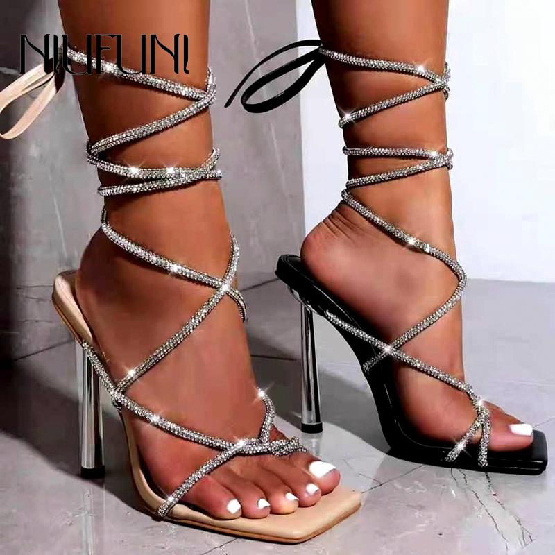 

Sandals NIUFUNI Plus Size 35-42 Square Toe Rhinestone Women Crystal High Heels Stiletto Casual Shoes For Sandales Femmes, Beige