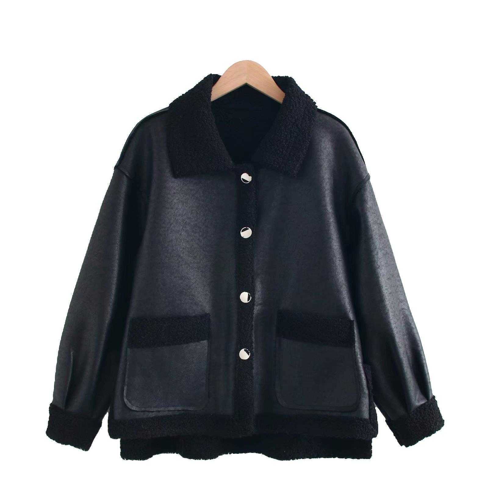 

Winter Coats Women Thicken Faux Leather Fur Female Turn-down Collar Sheepskin Loose with Pockets 210607, Picture color