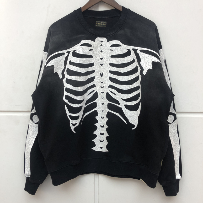 

2021 New Streetwear Washed Old Vintage Crewneck Pullovers Cracked Skeleton Bone Printing Kapital Sweatshirts Men Women Hoodie Gfs8