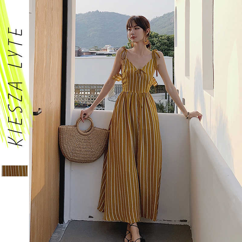 

Women Summer DressYellow Striped Lace up Boho Ladies Evening Party Beach Dresses Sundress 210608, Yellow stripe