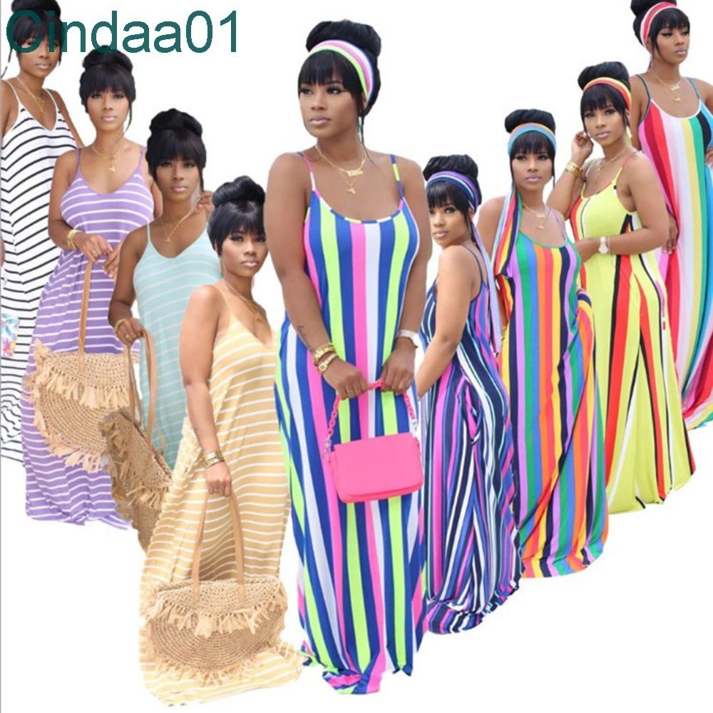 

Women Dress Designer Slim Sexy Colourful Horizontal And Vertical Stripe Color Printing Loose Casual Suspender Skirt With Headscarf, Black pink blue