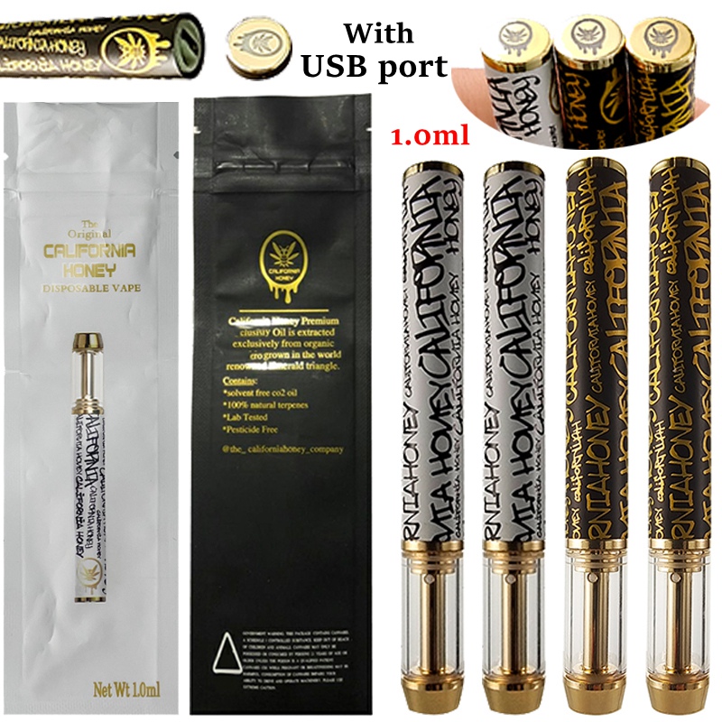 

10 Colors California Honey Disposable Vape Pen E Cigarettes Copper Tips Atomizers 1ml Thick Oil Carts Rechargeable Cartridges Empty With Packaging Bags CQ Stickers