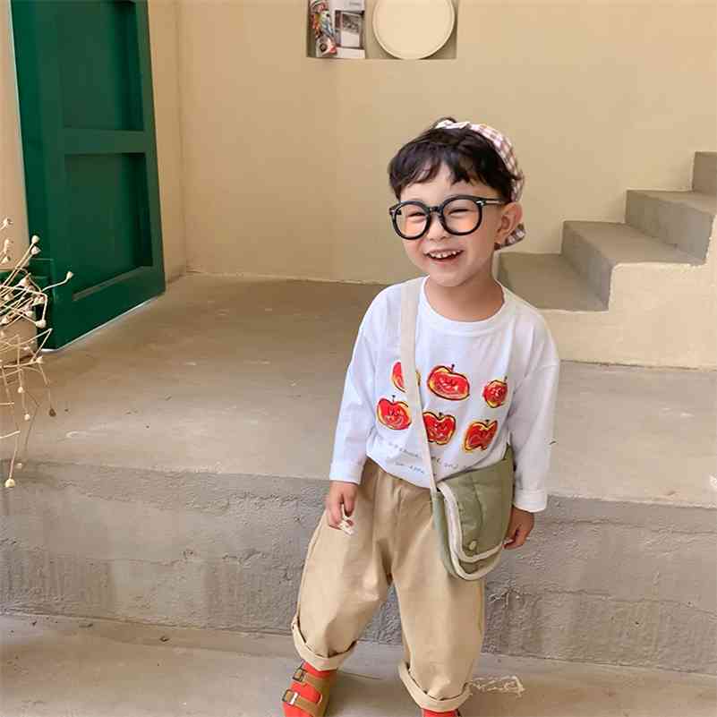 

Boys Autumn cute red apple printing all-match base Tees girls cotton casual long-sleeved T shirts 210708, White