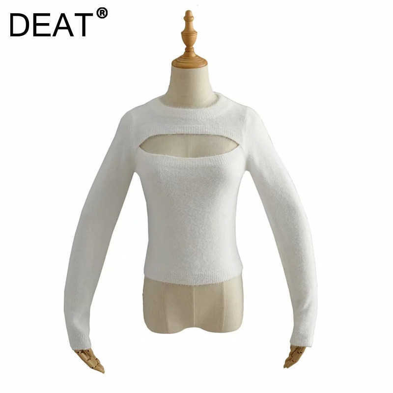 

DEAT Women Pullover Round Neck Hollow Out Long Sleeve Sweater Long Sleeve Temperament Fashion Spring Winter 11D1596 210709, White